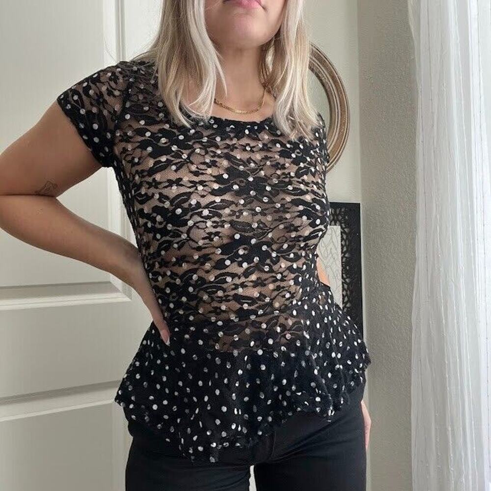 Vintage Y2K Live To Be Spoiled Pollka Dot Peplum Style Sheer Lace Top Sz XL